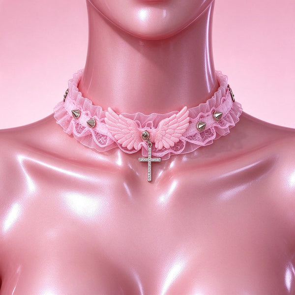Halo Breaker Lace Choker in pink, front view on a mannequin