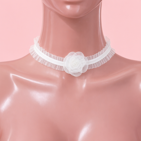 Poison Bloom Lace Choker in white, front view on a mannequin