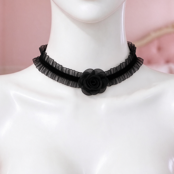 Poison Bloom Lace Choker in black, front view on a mannequin