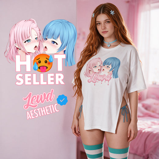 Yuri Tension Side Peek Top by Lewd Fashion - white oversized anime top with open side splits and pink and blue yuri kiss print