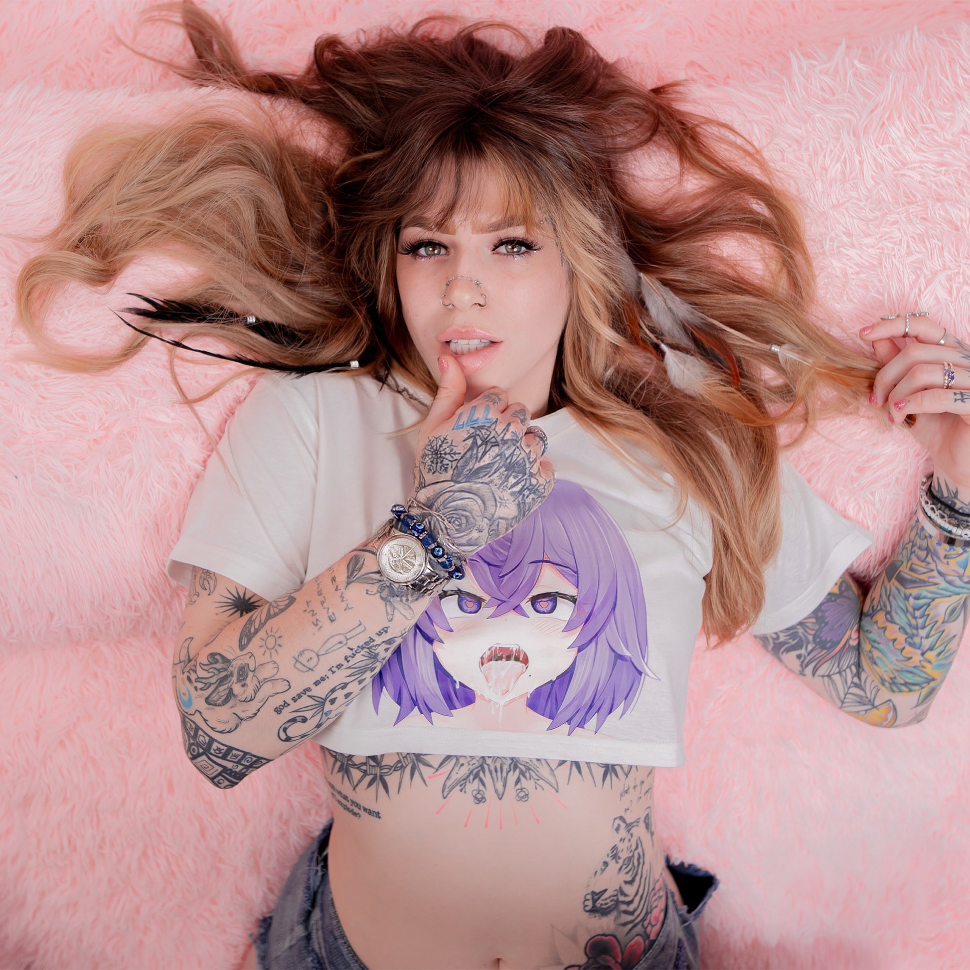 Anime girl with bold purple ahegao face on white underboob crop top, raw hem streetwear for Instagram and OnlyFans