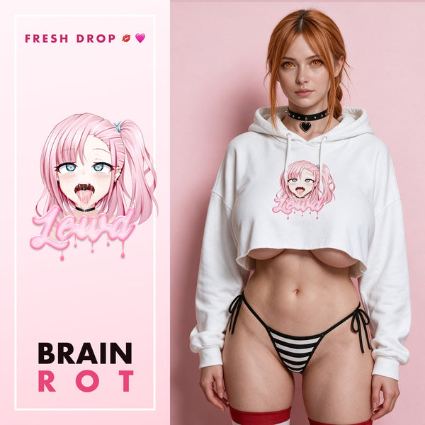 Ahegao Delulu White Crop Hoodie, Brain Rot master thumbnail