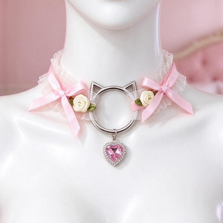 Pink lace cat ear choker front view on a mannequin