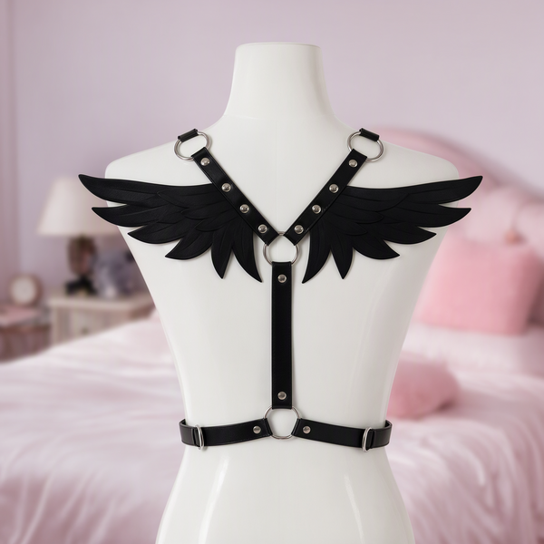 Fallen Angel feather wing back harness, front view on a mannequin