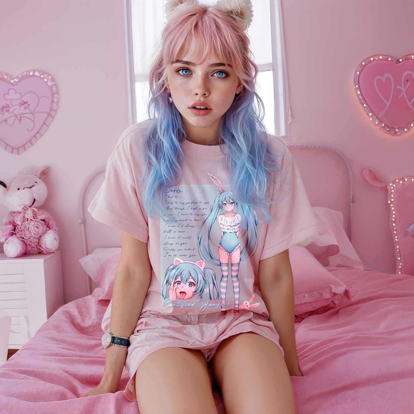Pink Oversized Kawaii Neko Graphic Tee - Lewd Fashion