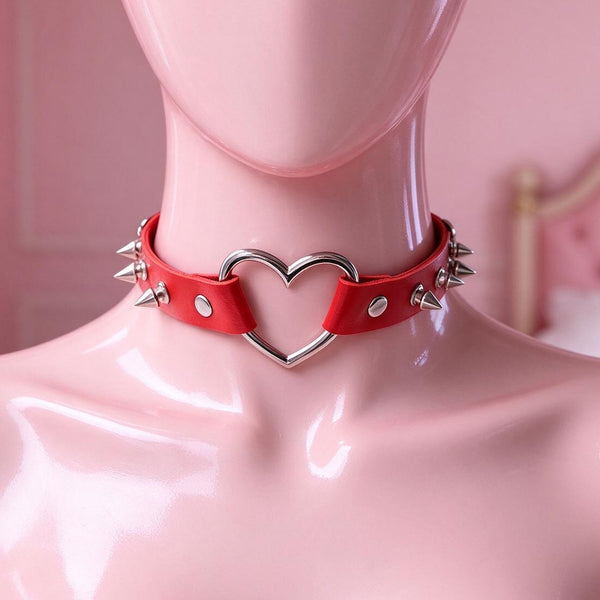 Red Spiked Heart Choker on a mannequin