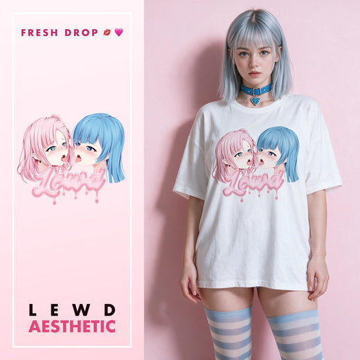 Yuri white oversized tee anime kiss print, Lewd Aesthetic master thumbnail