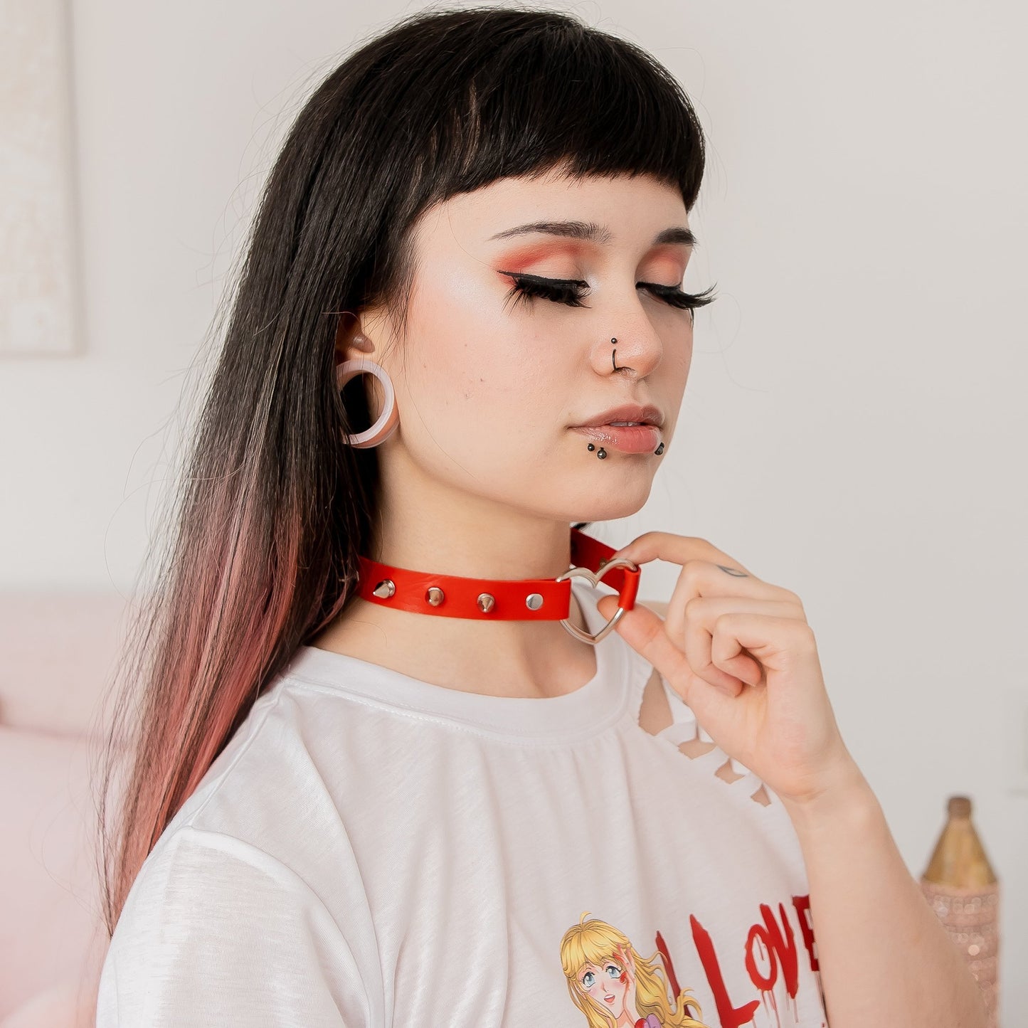 Red Spiked Heart-Shaped Choker Collar by Lewd Fashion
