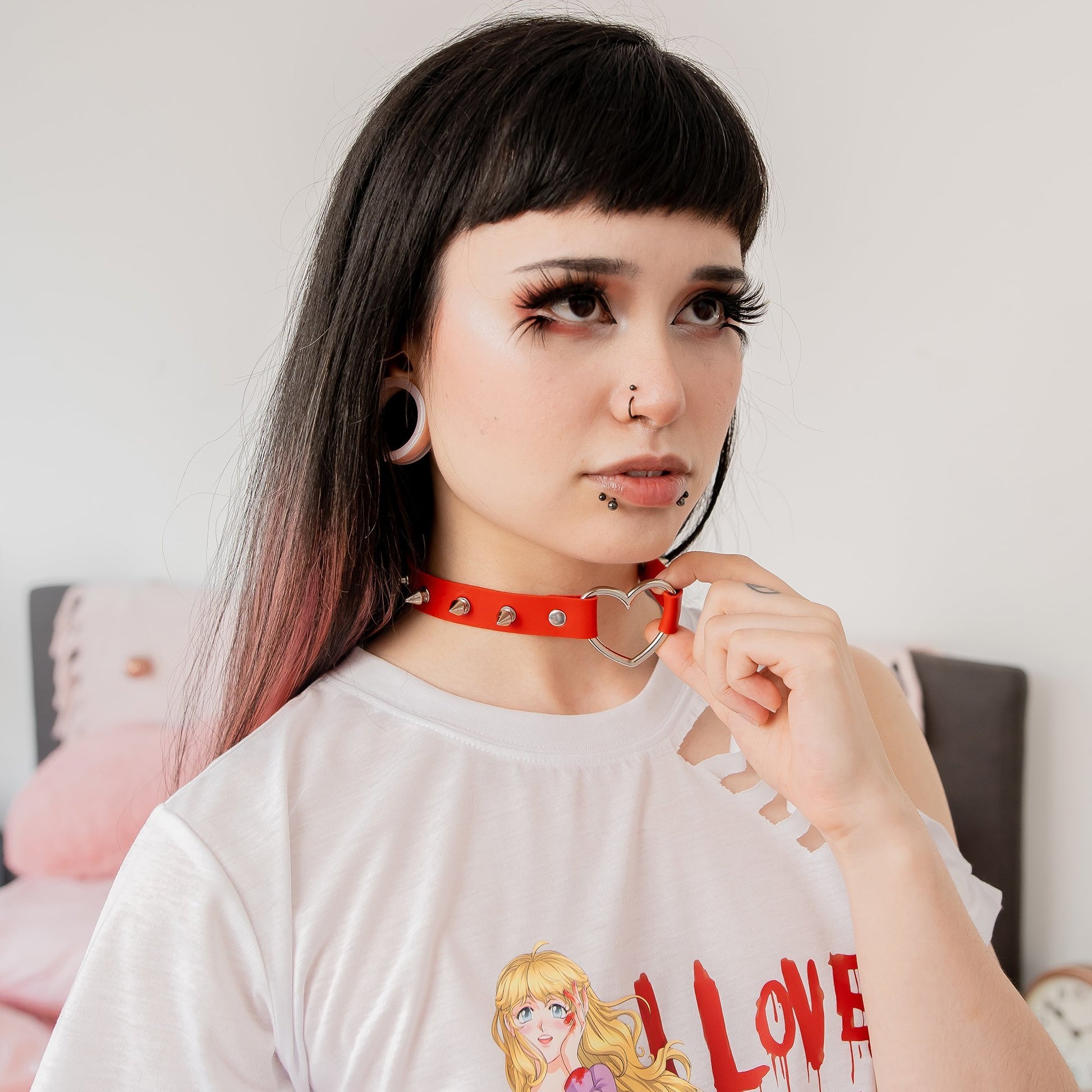 Red Spiked Heart-Shaped Choker Collar by Lewd Fashion