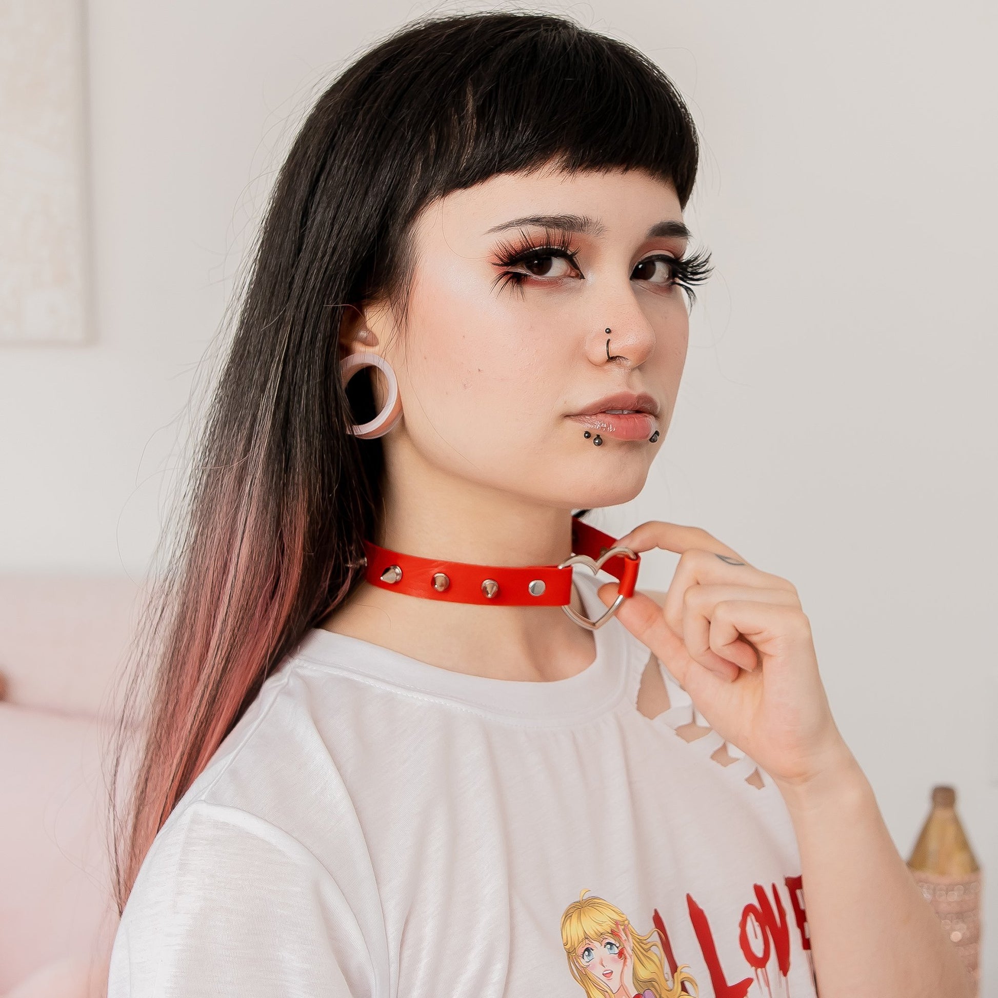 Red Spiked Heart-Shaped Choker Collar by Lewd Fashion