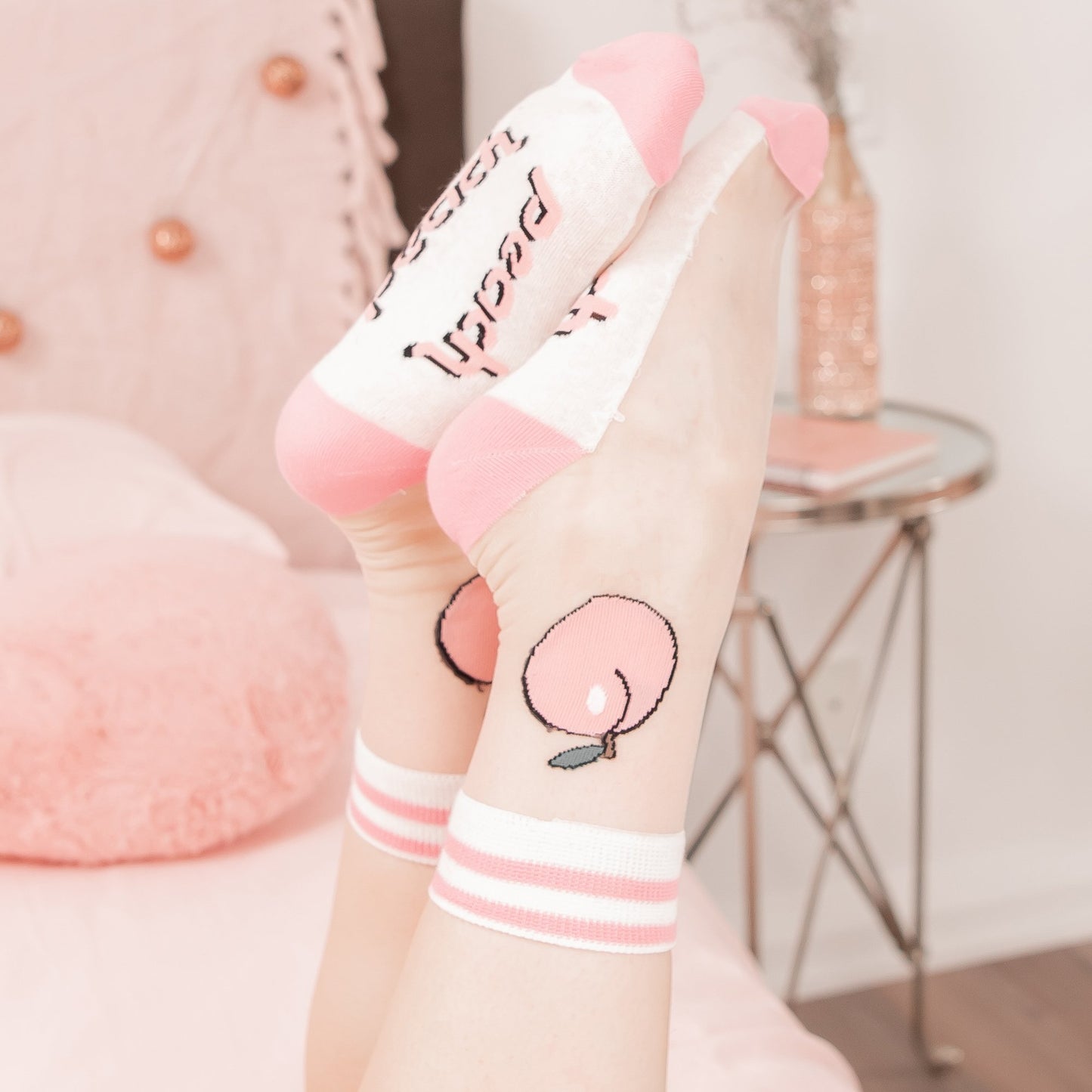 Peach Print Nylon Socks by Lewd Fashion