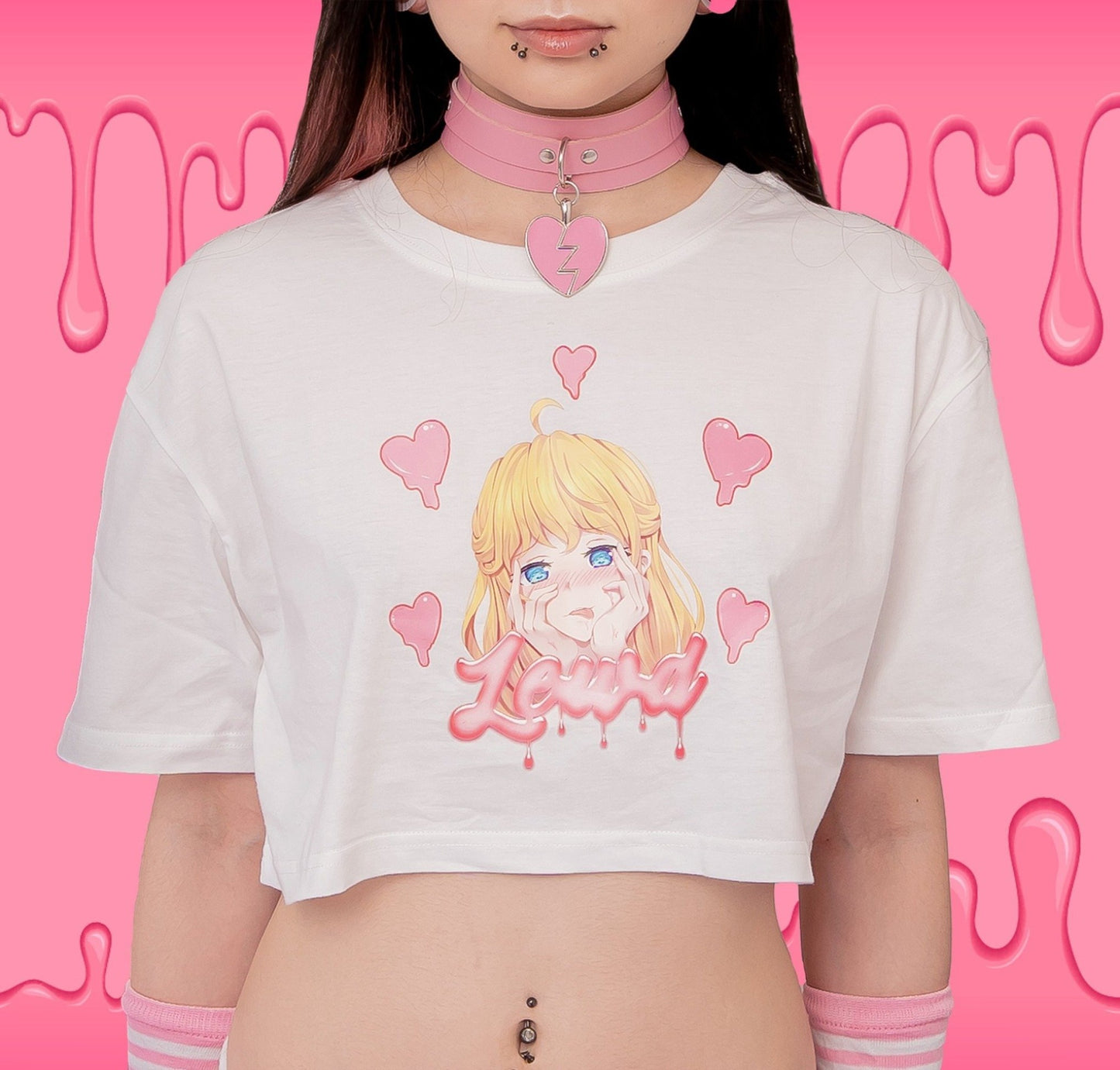 Morute Waifu Crop Top - White, super-short crop top featuring a yandere anime girl with an ahegao face and 'Lewd' in pink, paired with pink pasties for a playful and daring look.