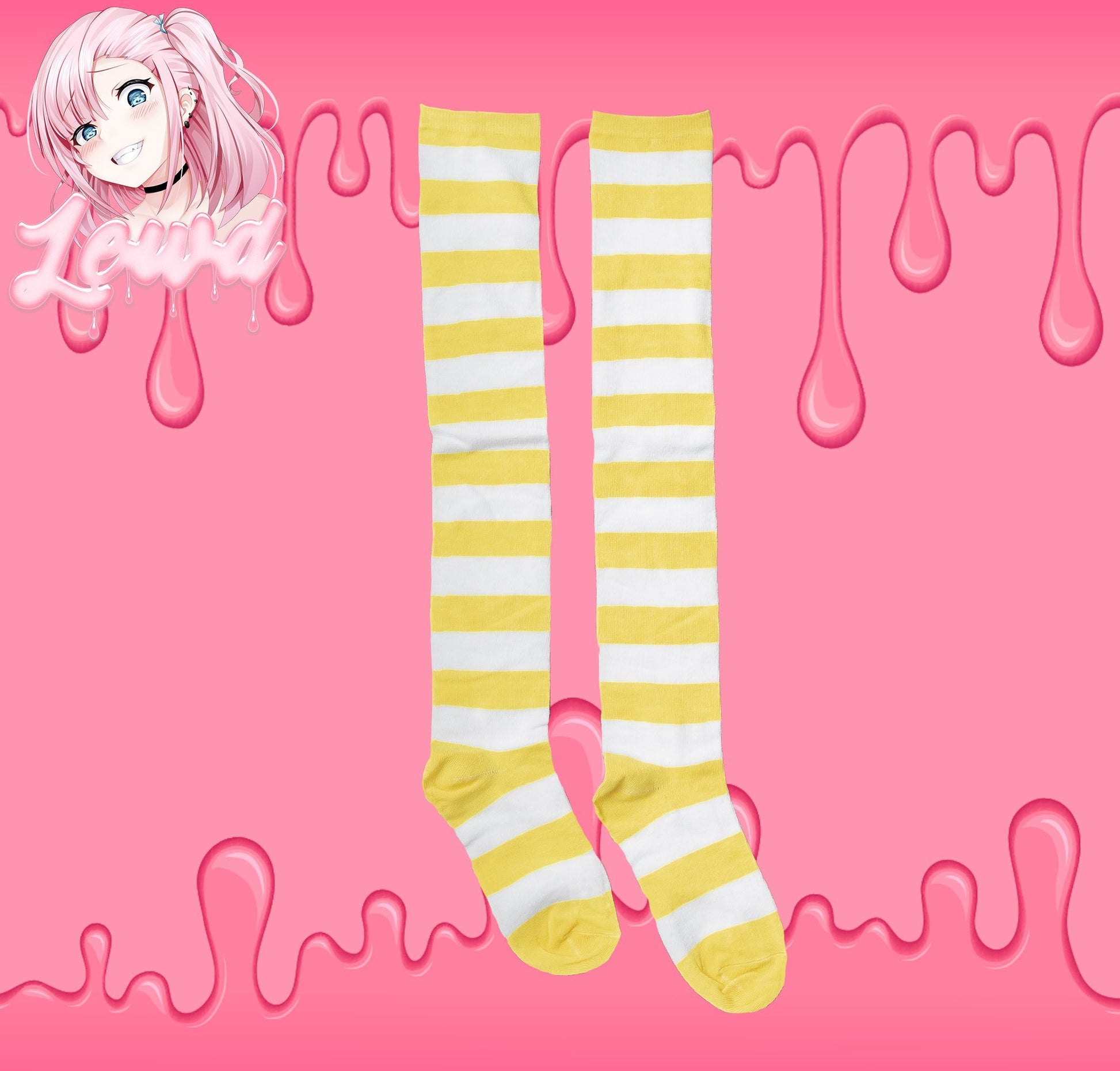 Yellow Striped Thigh High Socks by Lewd Fashion