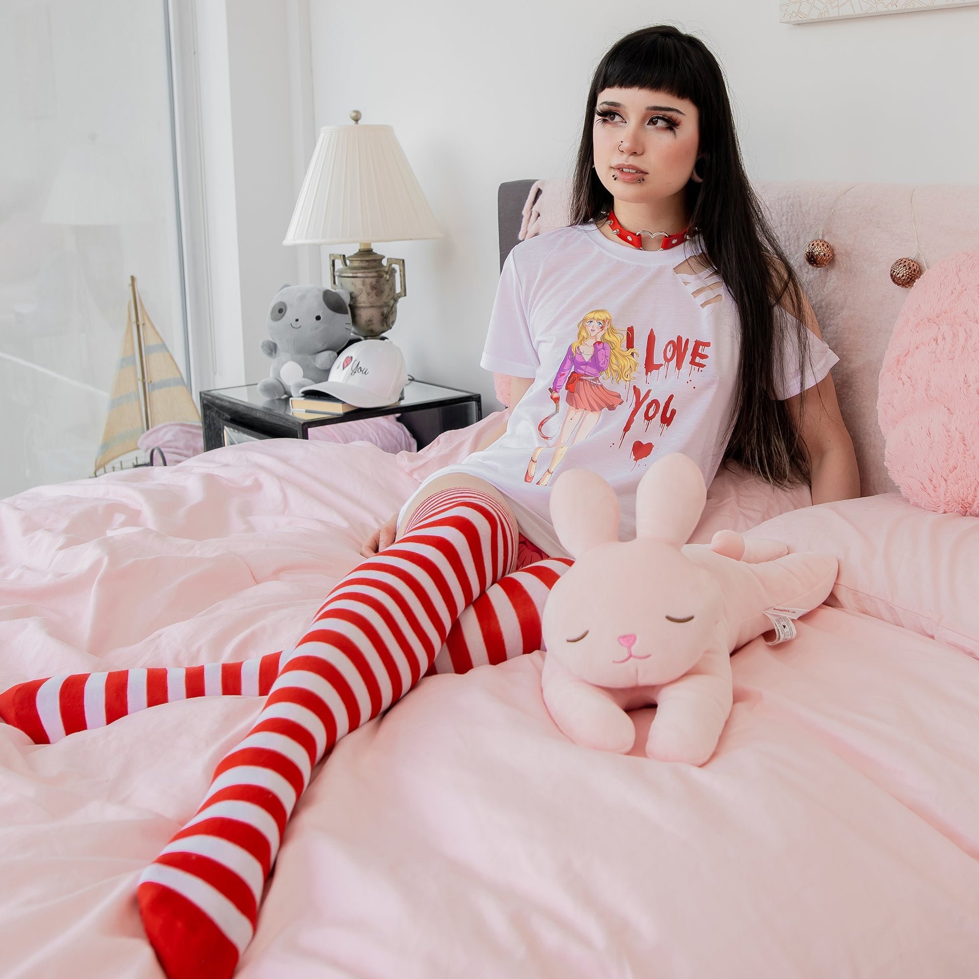 Red Striped Thigh High Socks by Lewd Fashion