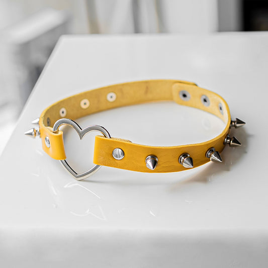 Yellow Spiked Heart-Shaped Choker Collar - Lewd Fashion