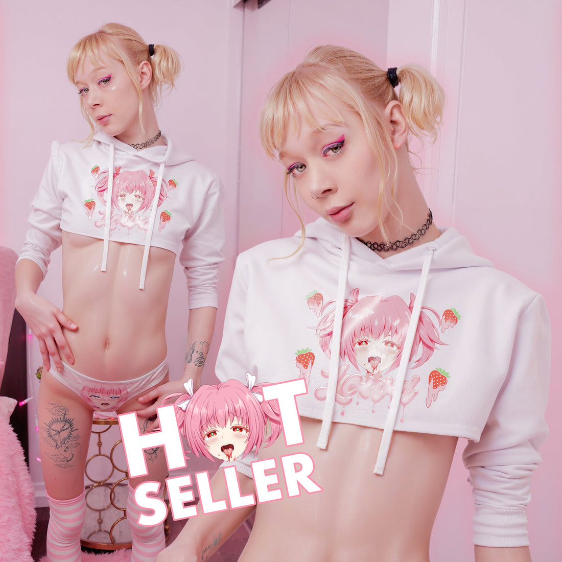 Strawberry Ahegao Crop Hoodie | Kawaii Egirl Anime Hoodie | LewdFashion
