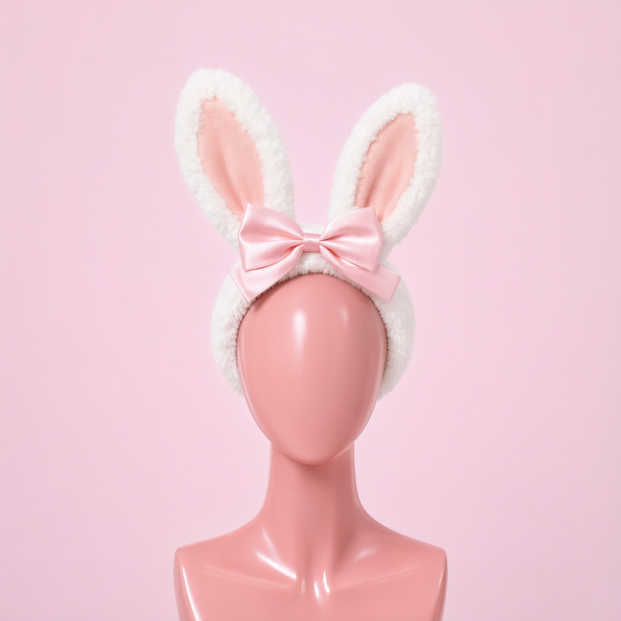 Hop Off bunny ear headband, front view on a mannequin, white faux fur ears with pink satin bow