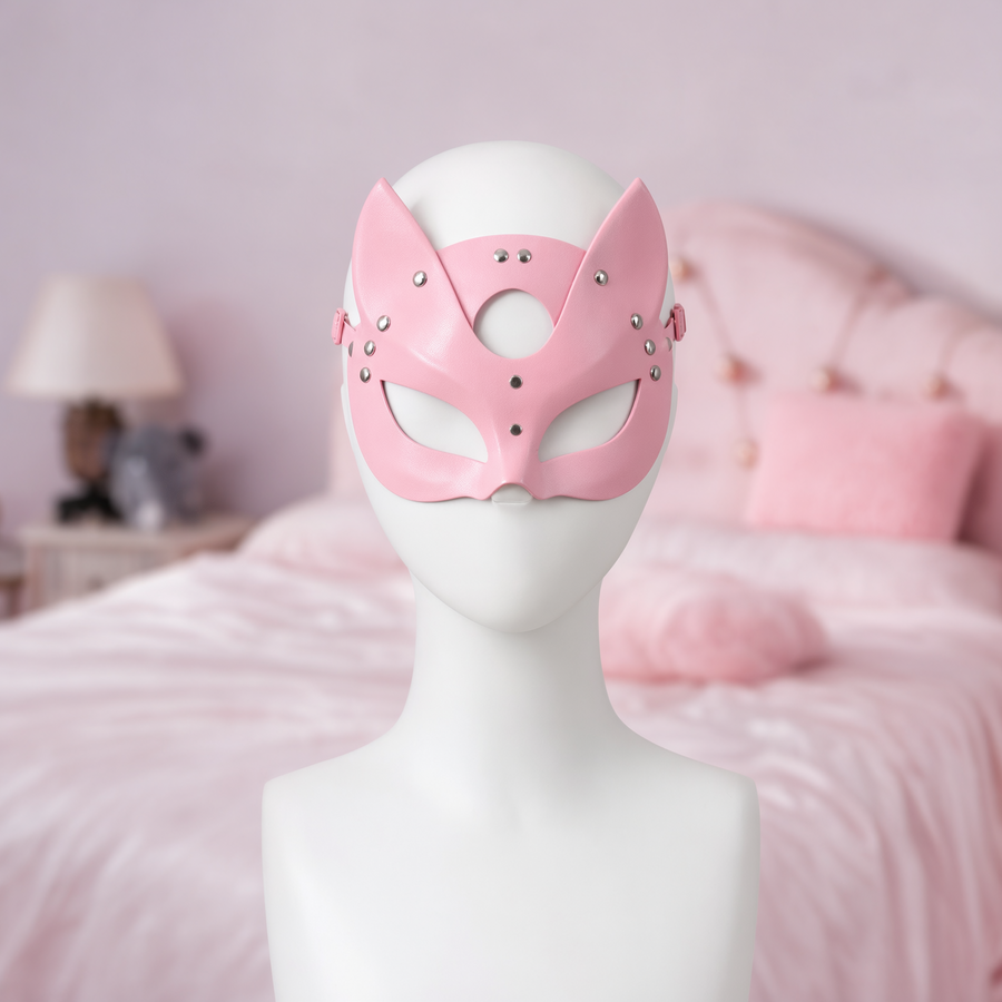 Trickster Fox mask, front view on a mannequin, pink faux leather with pointed ears and almond eye holes