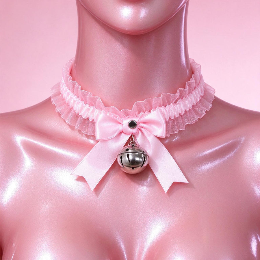 Jingle Brat Lace Collar in pink, front view on a mannequin