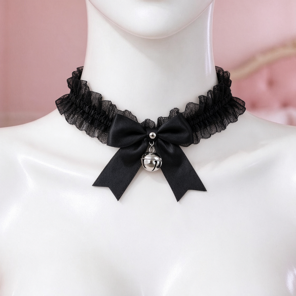 Jingle Brat Lace Collar in black, front view on a mannequin
