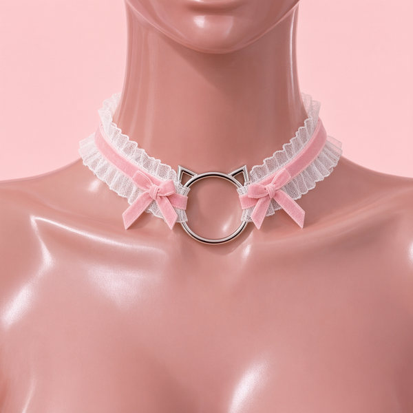 Purr Ribbon Lace Choker in pink, front view on a mannequin