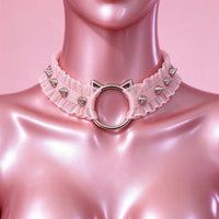 Feral Kitten Lace Choker in pink, front view on a mannequin