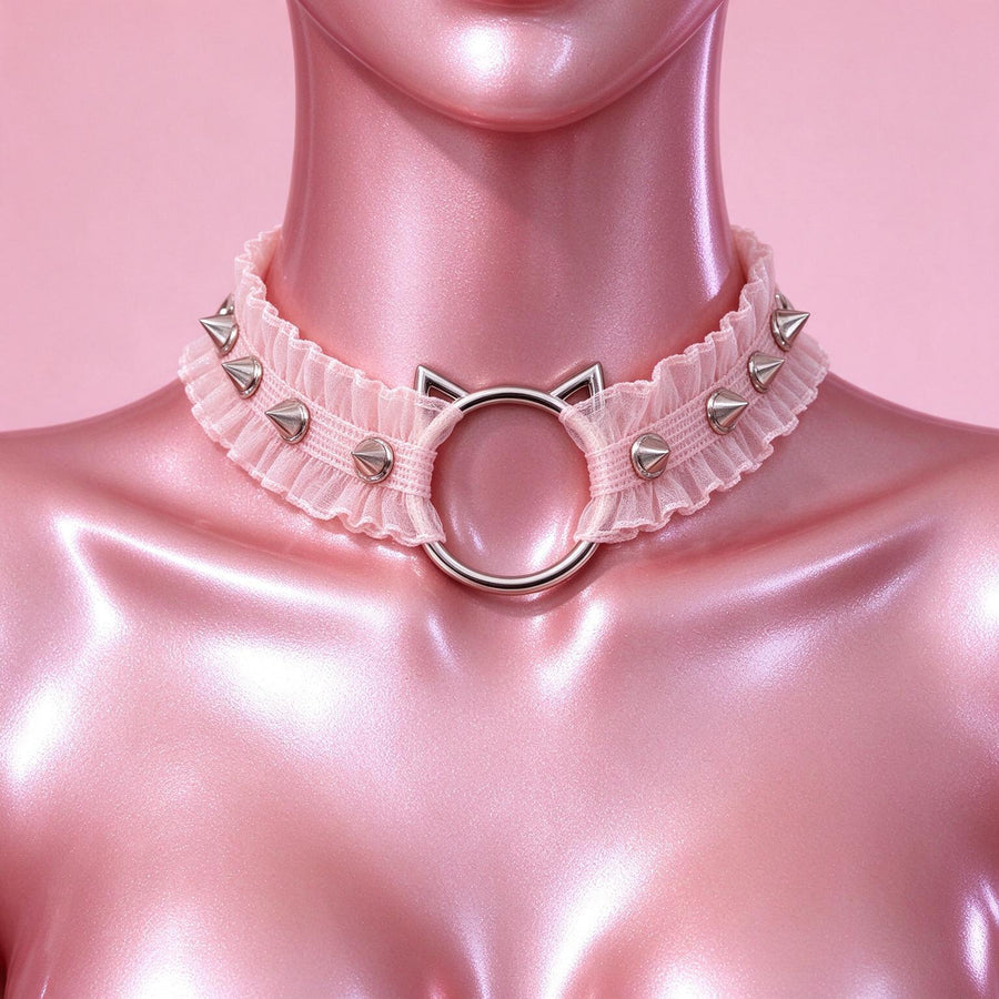 Feral Kitten Lace Choker in pink, front view on a mannequin