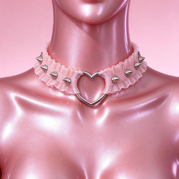 Heartspike Lace Choker in pink, front view on a mannequin
