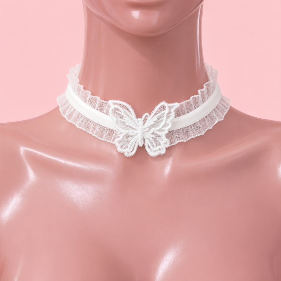 Flutterbite Lace Choker in white, front view on a mannequin