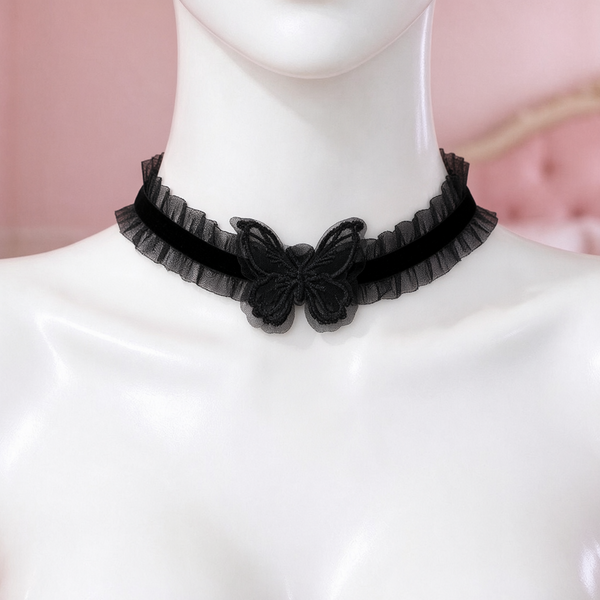 Flutterbite Lace Choker in black, front view on a mannequin