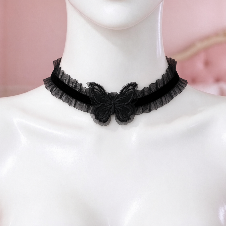 Flutterbite Lace Choker in black, front view on a mannequin