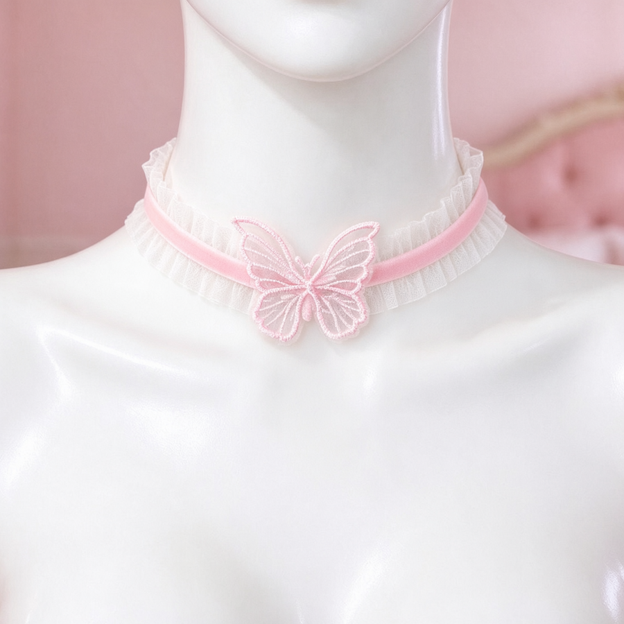Flutterbite Lace Choker in pink, front view on a mannequin