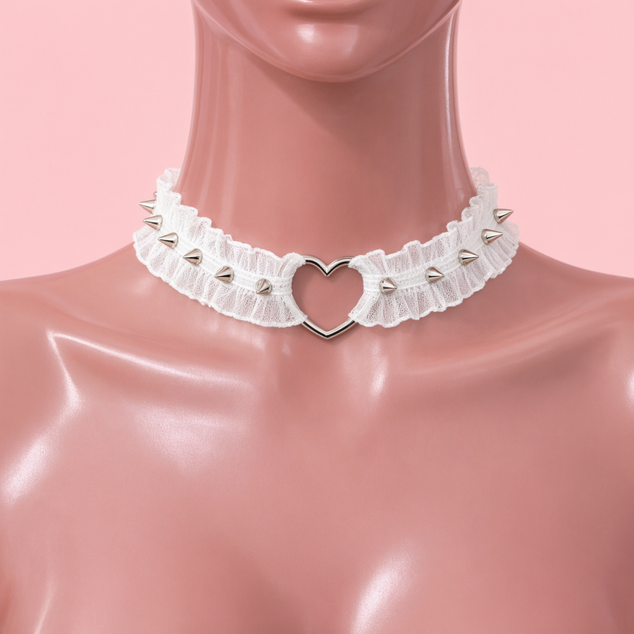 Heartspike Lace Choker in white, front view on a mannequin