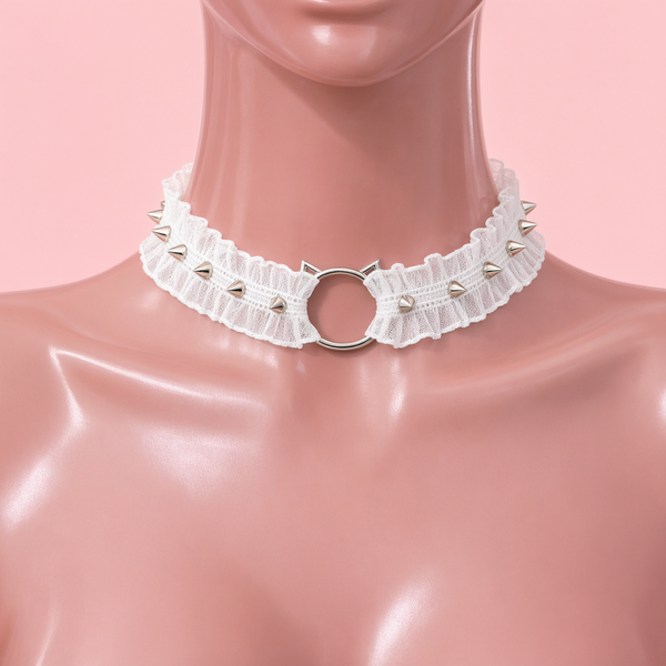 Feral Kitten Lace Choker in white, front view on a mannequin