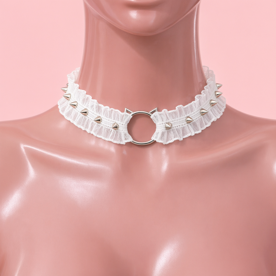 Feral Kitten Lace Choker in white, front view on a mannequin