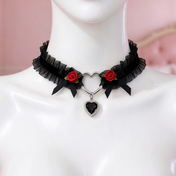 Heartache Lace Choker in black, front view on a mannequin