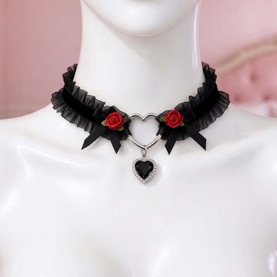 Heartache Lace Choker in black, front view on a mannequin