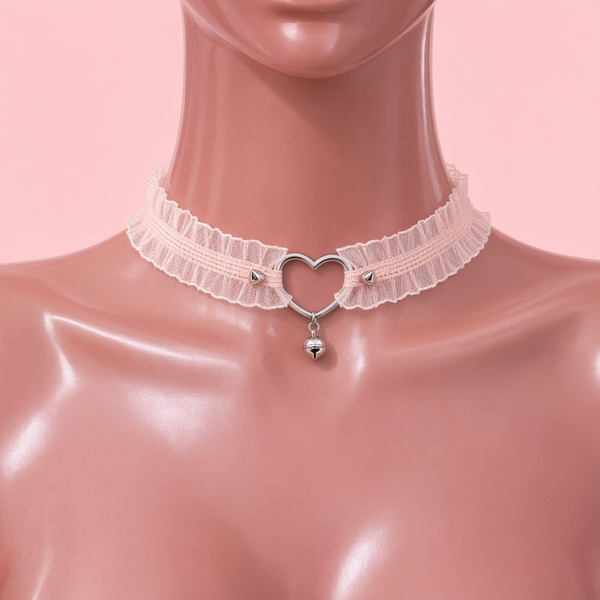 Lovebell Lace Choker in pink, front view on a mannequin