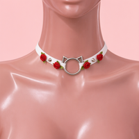 Rose Claw Choker in white with red roses, front view on a mannequin