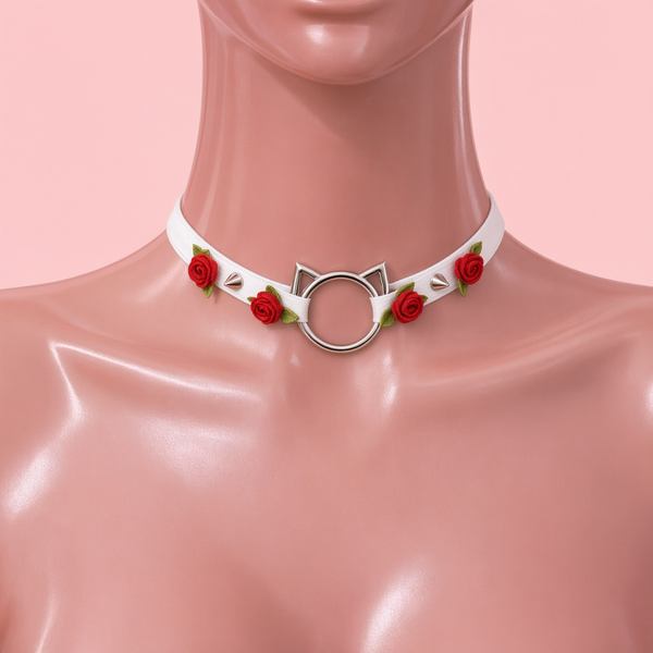Rose Claw Choker in white with red roses, front view on a mannequin