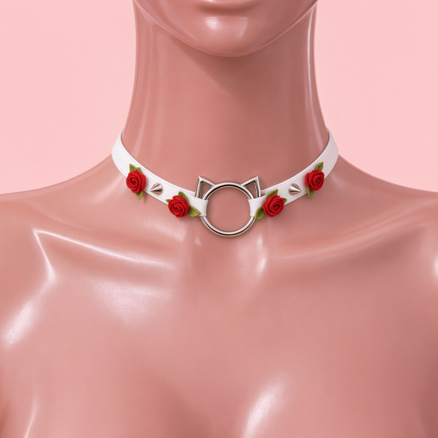 Rose Claw Choker in white with red roses, front view on a mannequin