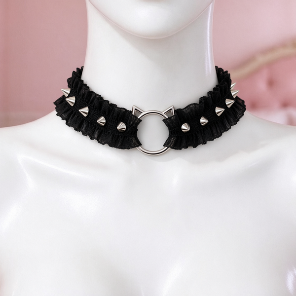 Feral Kitten Lace Choker in black, front view on a mannequin