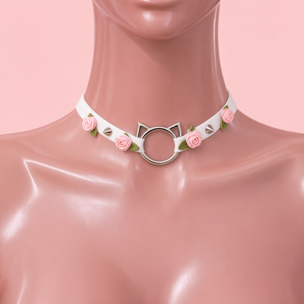 Rose Claw Choker in white with pink roses, front view on a mannequin