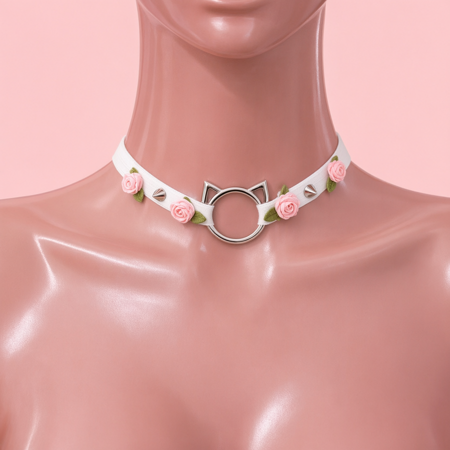 Rose Claw Choker in white with pink roses, front view on a mannequin