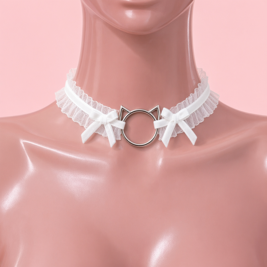 Purr Ribbon Lace Choker in white, front view on a mannequin