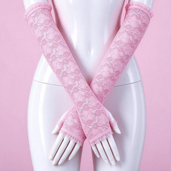 Doll Hands pink lace gloves close-up on a mannequin, floral lace crossed over the hips