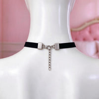 Rose Claw Choker in black with red roses, back view showing the lobster clasp and silver extension chain