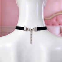 Rose Claw Choker in black with pink roses, back view showing the lobster clasp and silver extension chain