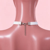 Rose Claw Choker in white with red roses, back view showing the lobster clasp and silver extension chain