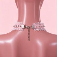 Heartspike Lace Choker in pink, back view showing the lobster clasp and silver extension chain